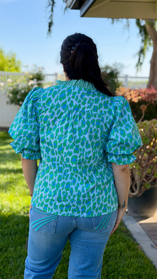 Entro Leopard & Gingham Mix Puff Sleeve Blouse – Green & Blue