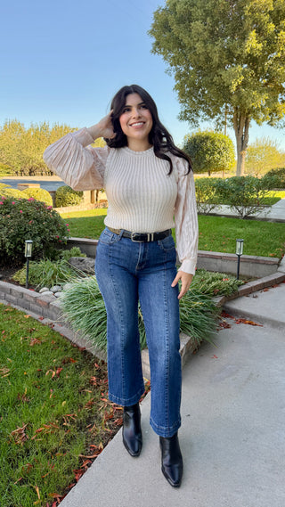 Women's Textured Knit Top with Balloon Sleeves