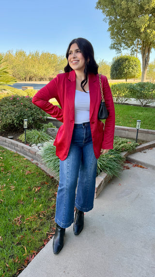 Women's One Button Satin Blazer in Red