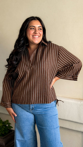 Women's oversized brown and white striped V-neck long sleeve top
