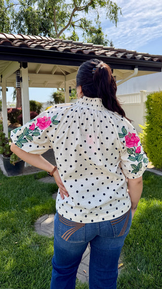 THML Floral Embroidered Polka Dot Puff Sleeve Top