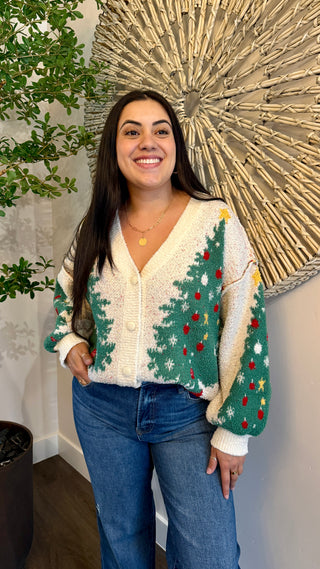 Woman wearing a festive sweater with Christmas tree design