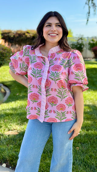 Entro Puff Sleeve Floral Blouse with Striped Trim