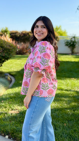 Entro Puff Sleeve Floral Blouse with Striped Trim