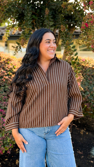 Women's oversized brown and white striped V-neck long sleeve top