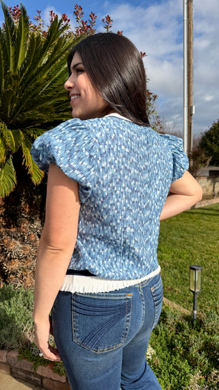 Blue Ruffle Ribbed Stripe Knit Top