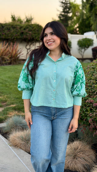 Floral Embroidered Puff Sleeve Striped Blouse – Ruffled Neck Button-Up