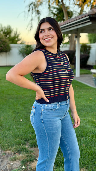 Multi-Color Striped Button-Front Knit Top
