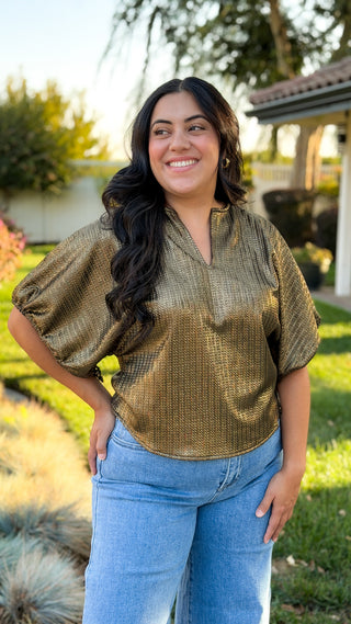 Women's metallic gold tie-sleeve top with V-neckline