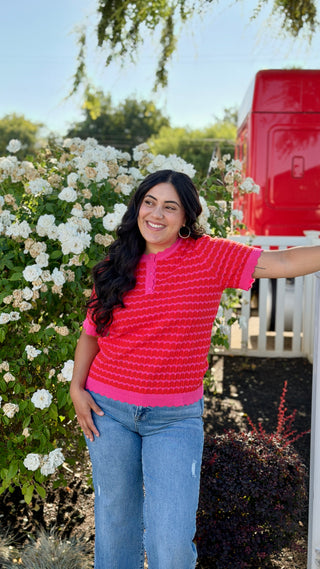 Zig-Zag Pattern Lightweight Short Sleeve Sweater Top - Pink