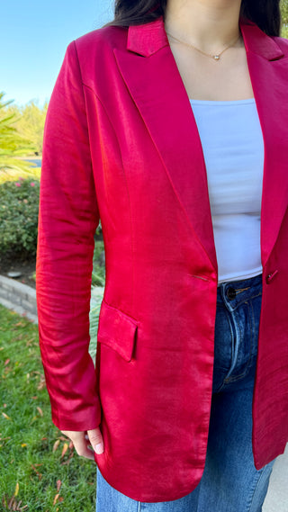 Women's One Button Satin Blazer in Red