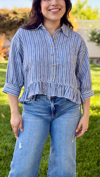 Striped Button Down Ruffled Hem Blouse