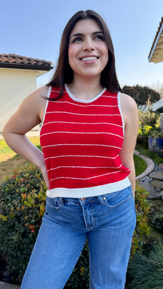 Red Pinstripe Knit Tank – Cropped Sleeveless Top
