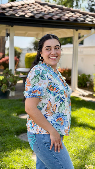 Vibrant Boho Floral Short Sleeve Blouse