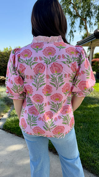 Entro Puff Sleeve Floral Blouse with Striped Trim