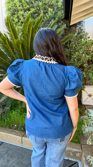Leopard Contrast Puff Sleeve Denim Top