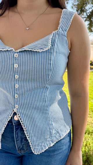 Striped Lace-Trim Button Front Top